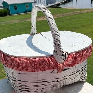 White Wicker Picnic Basket with Red Gingham Lining & Sturdy Carrying Handle
